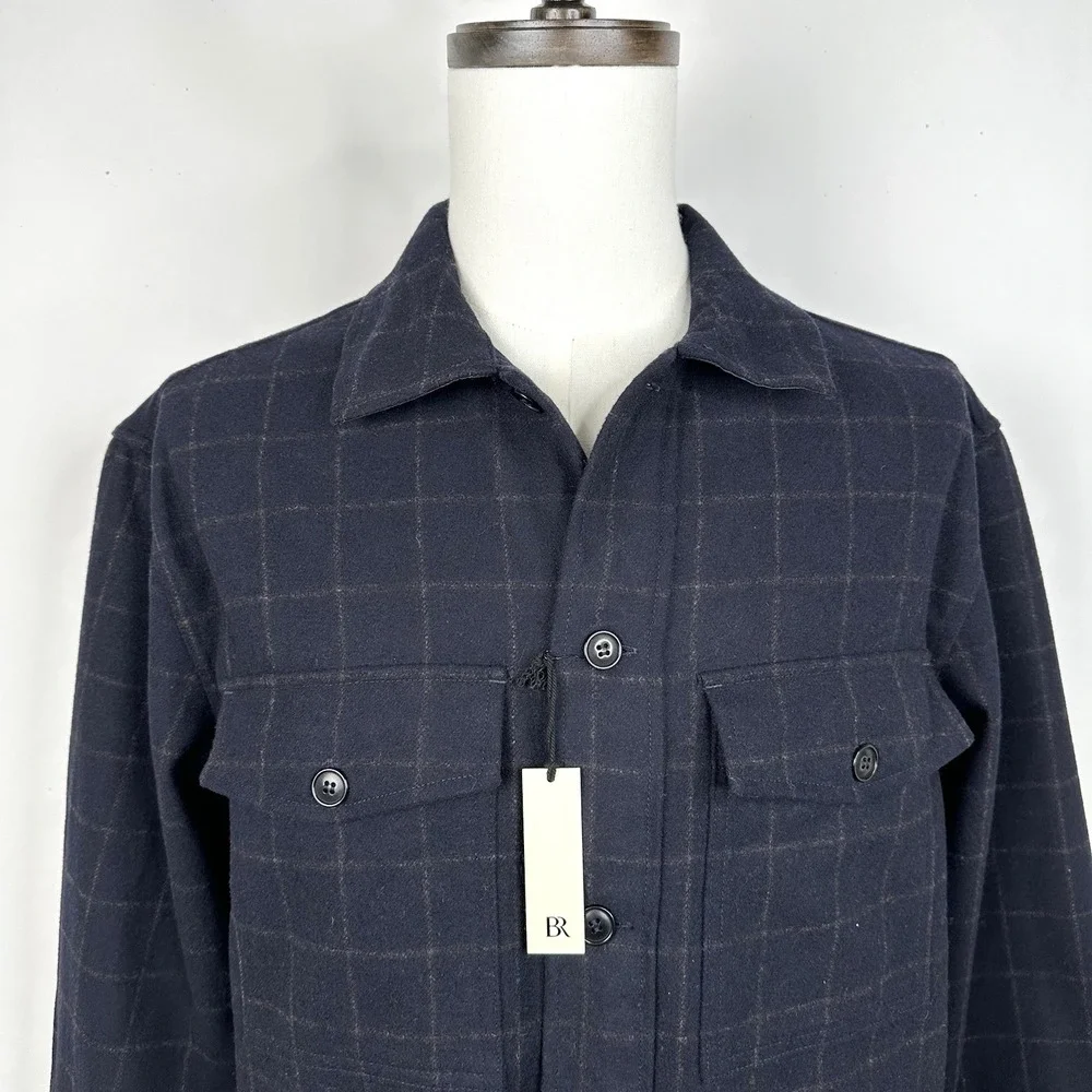 NWT Banana Republic Relaxed Fit Wool Blend‎ Overshirt MEDIUM Navy Plaid Shirt
